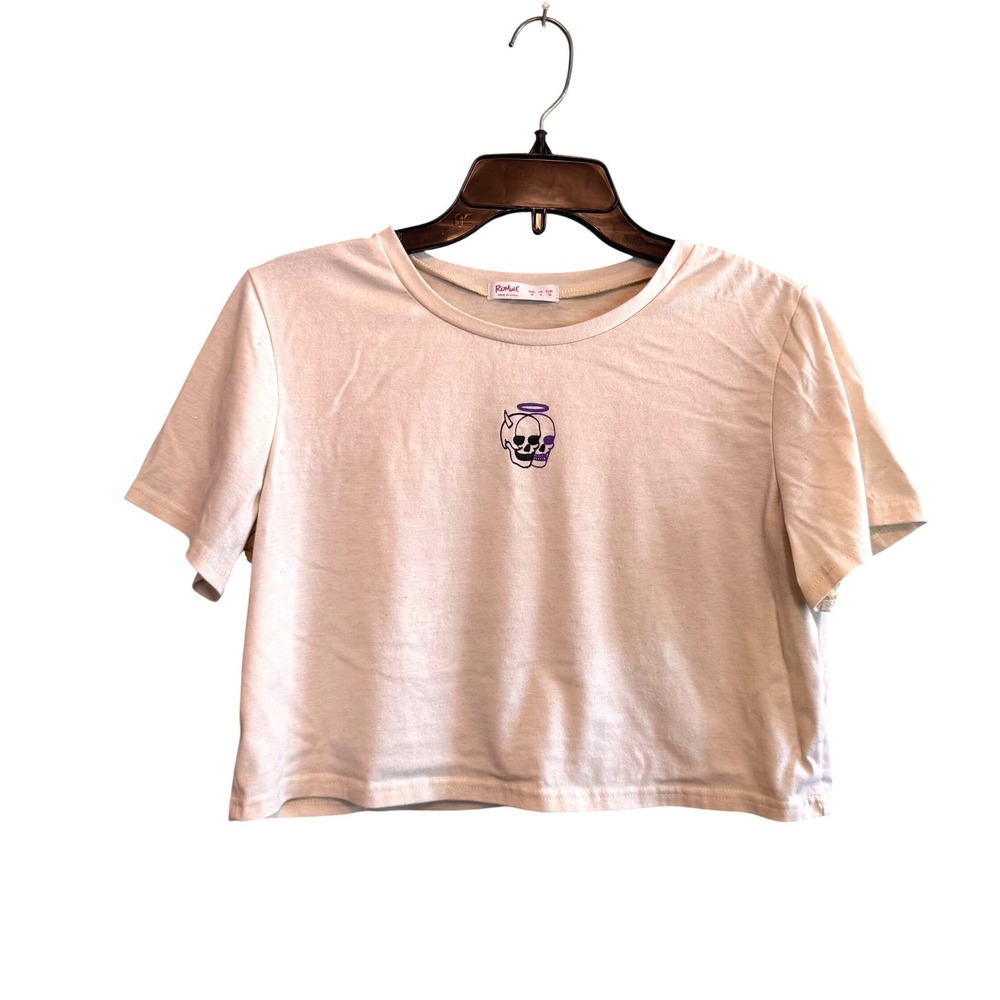 Romwe‎ Womens Crop Top Yellow Embroidered Skull Devil Angel Graphic Size M 6